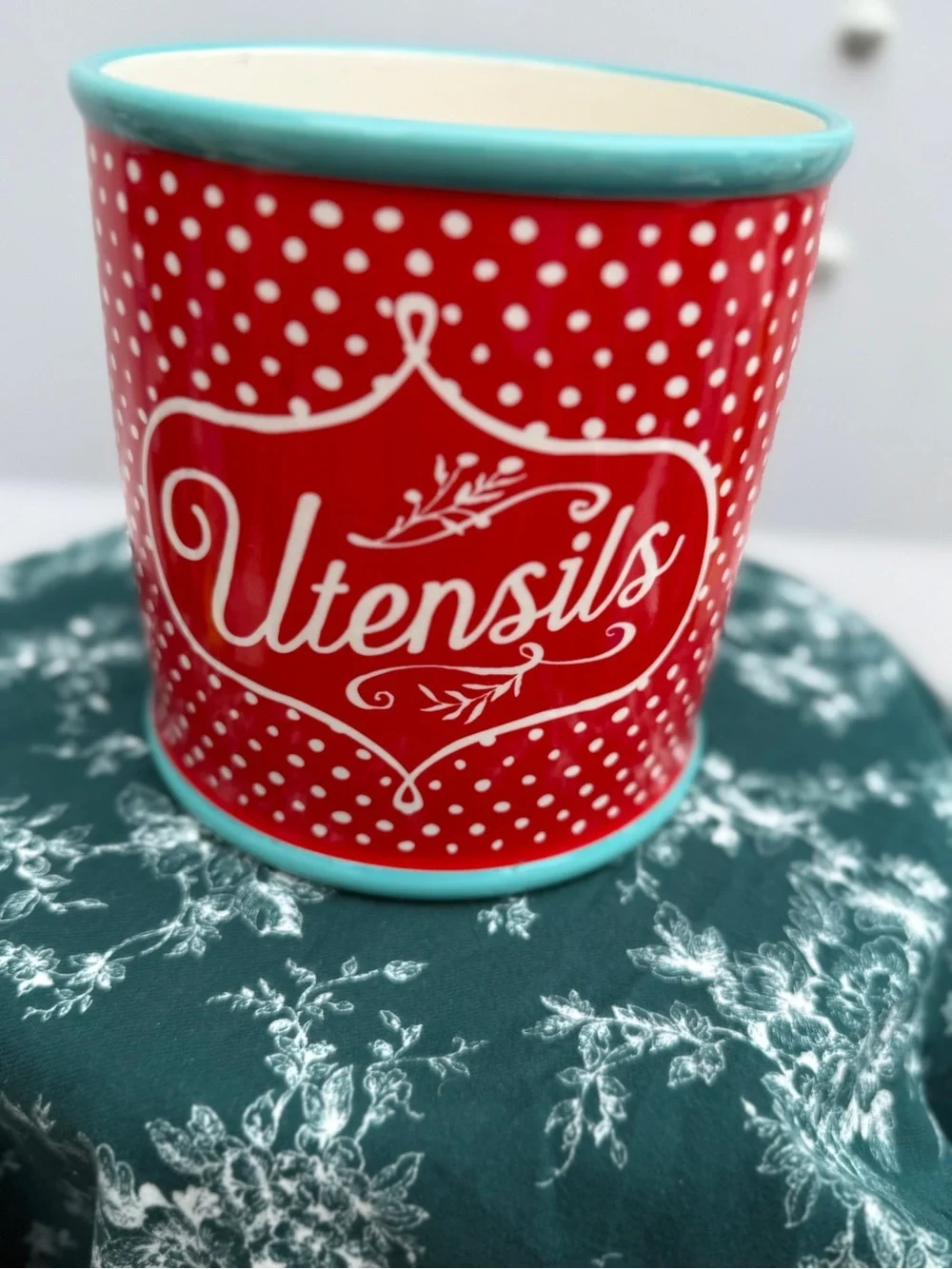 The Pioneer Woman Red Polka Dot Utensil Crock with Teal Trim